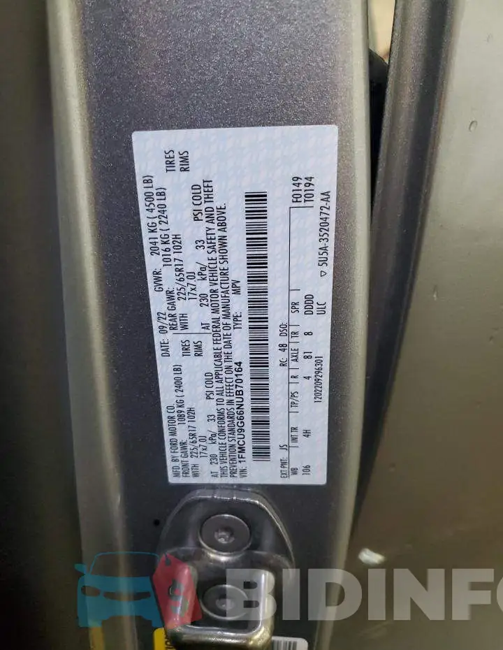 1FMCU9G66NUB70164 Photo# 14