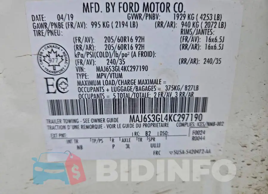 MAJ6S3GL4KC297190 Photo# 13