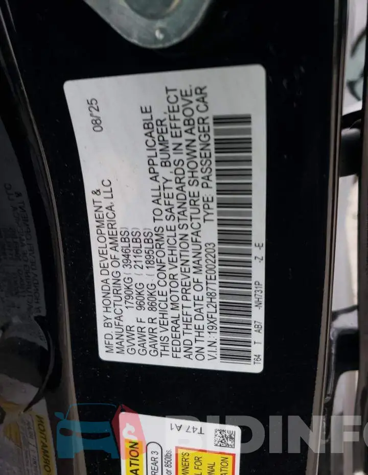 19XFL2H87TE002203 Photo# 12