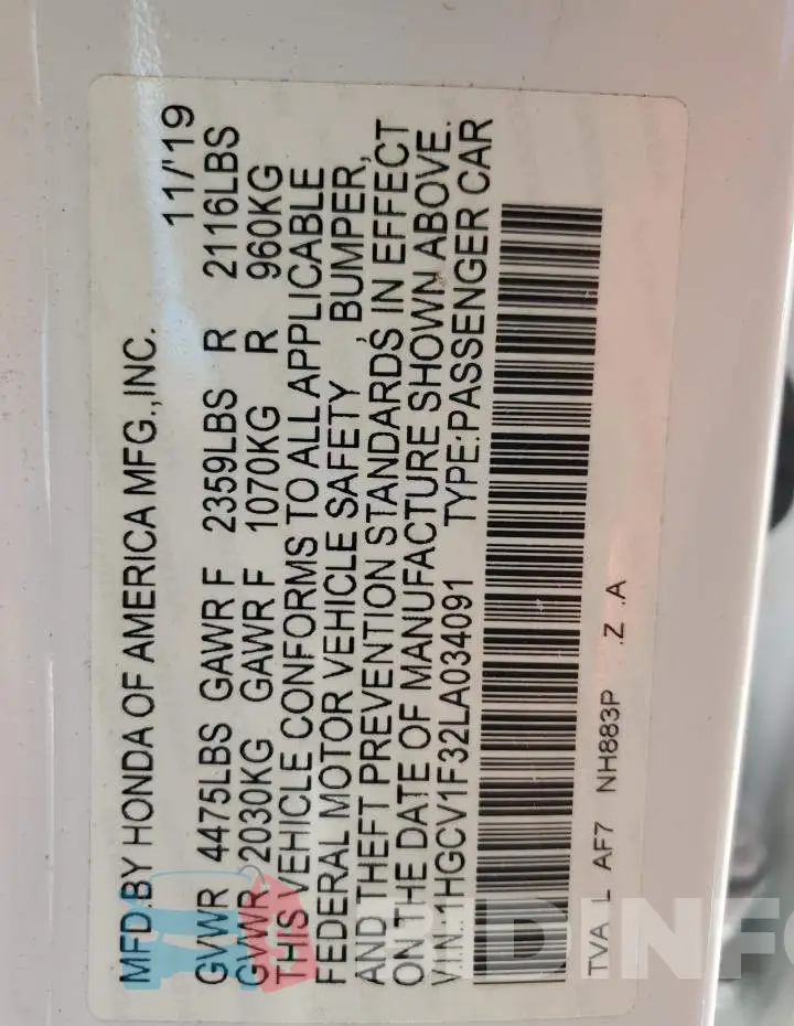 1HGCV1F32LA034091 Photo# 12