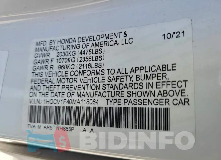 1HGCV1F40MA118064 Photo# 12