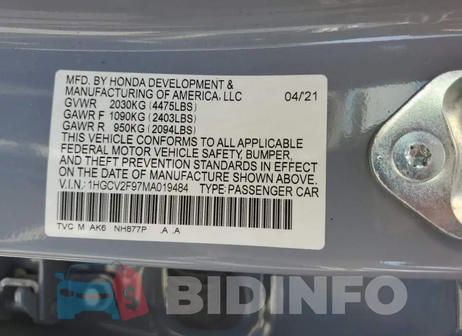 1HGCV2F97MA019484 Photo# 13
