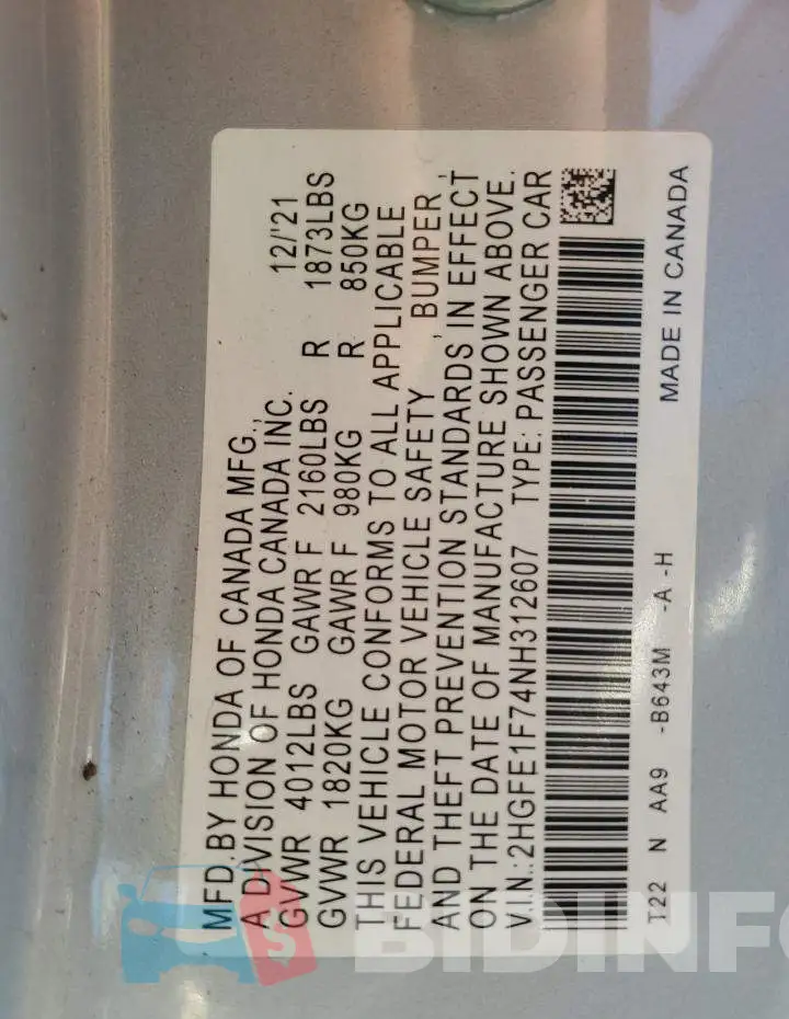 2HGFE1F74NH312607 Photo# 12