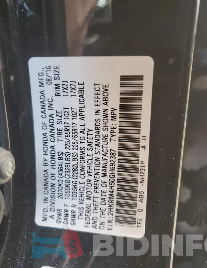 2HKRM4H50GH692387 Photo# 14