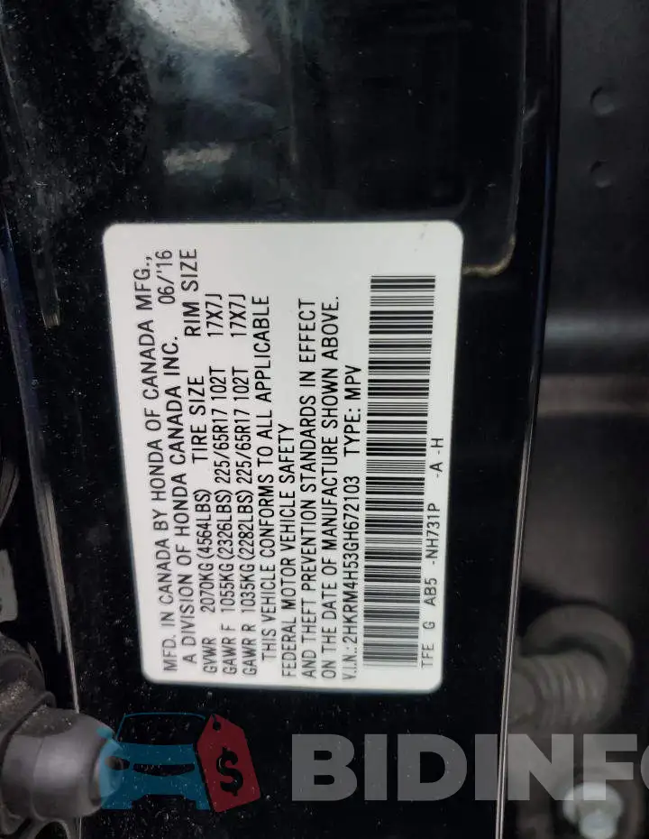 2HKRM4H53GH672103 Photo# 13