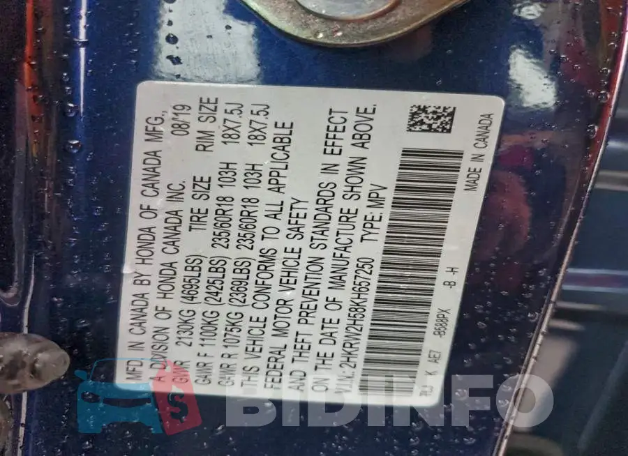 2HKRW2H58KH657250 Photo# 13
