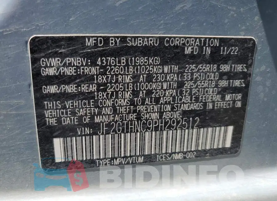 JF2GTHNC9PH292512 Photo# 14