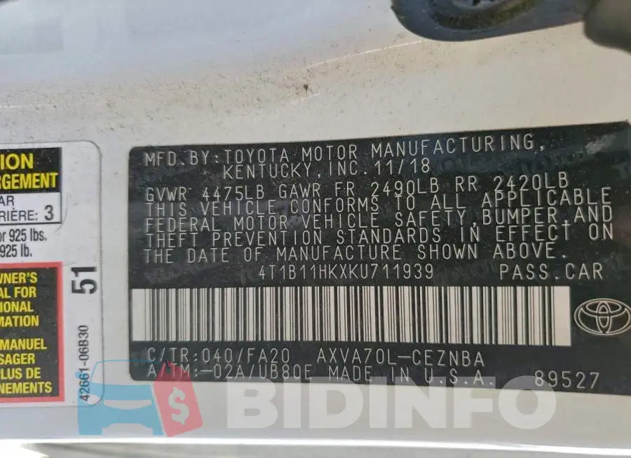 4T1B11HKXKU711939 Photo# 12