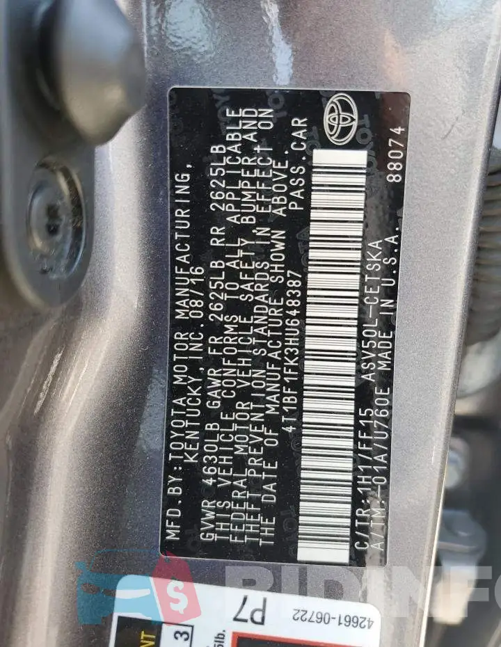 4T1BF1FK3HU648387 Photo# 12