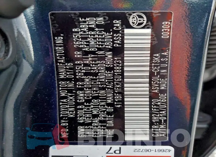 4T1BF1FK7GU188231 Photo# 12