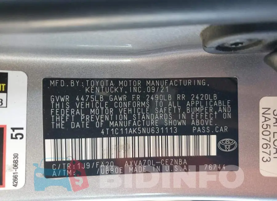 4T1C11AK5NU631113 Photo# 13