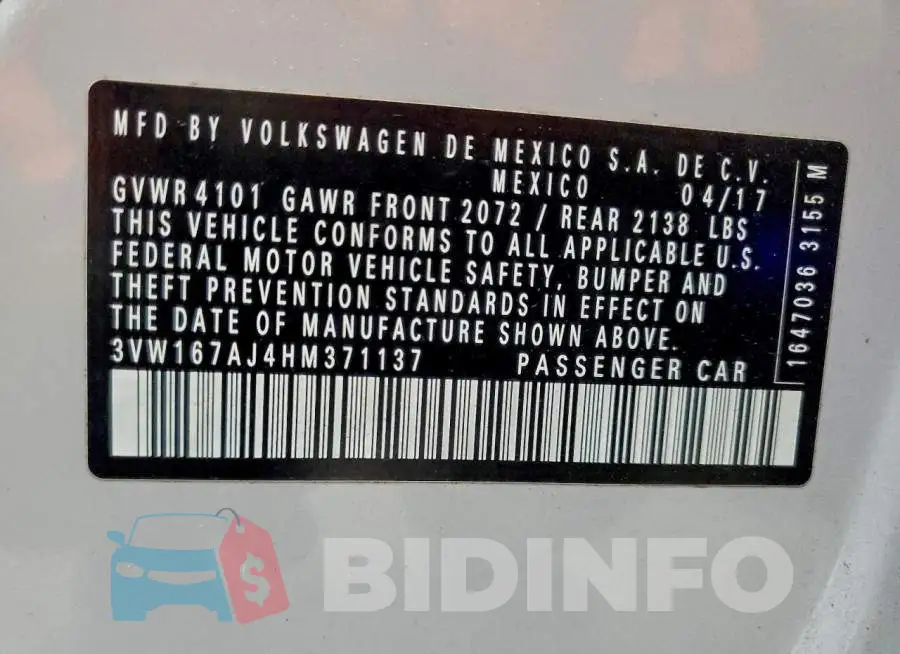 3VW167AJ4HM371137 Photo# 12