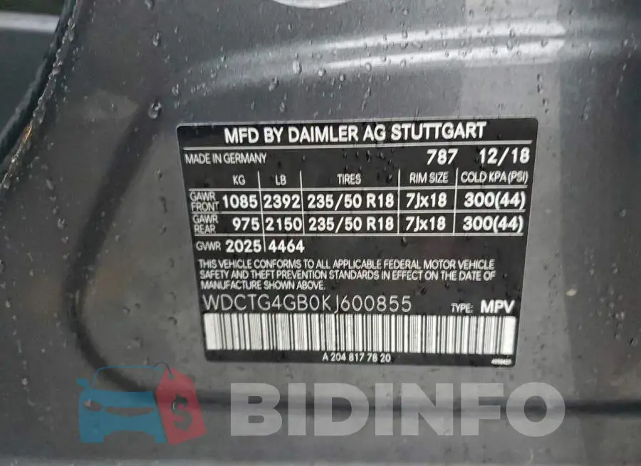 WDCTG4GB0KJ600855 Photo# 13