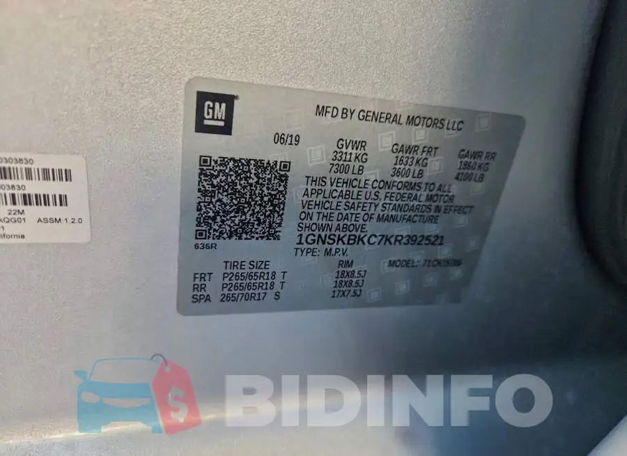 1GNSKBKC7KR392521 Photo# 13