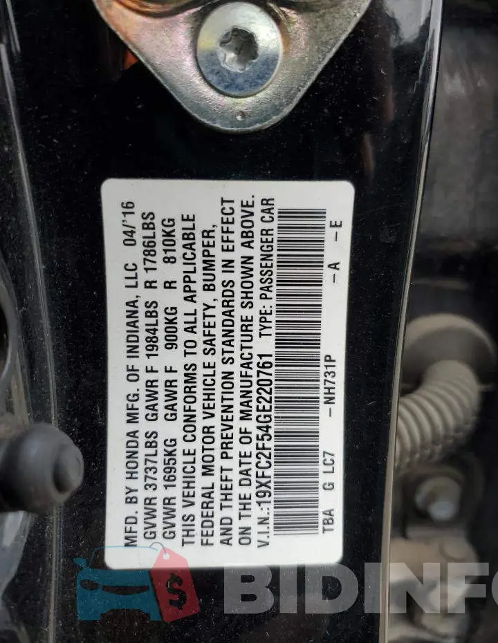 19XFC2F54GE220761 Photo# 12