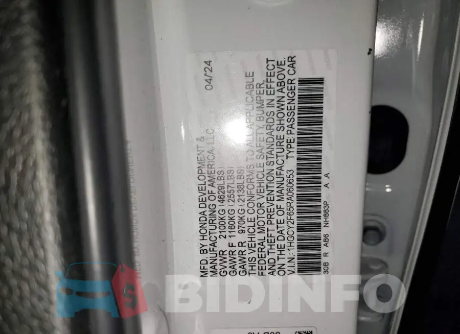 1HGCY2F65RA060653 Photo# 13