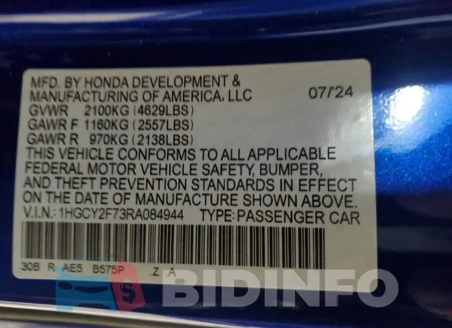 1HGCY2F73RA084944 Photo# 12