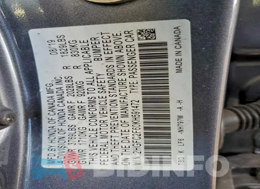 2HGFC2F60KH591472 Photo# 12
