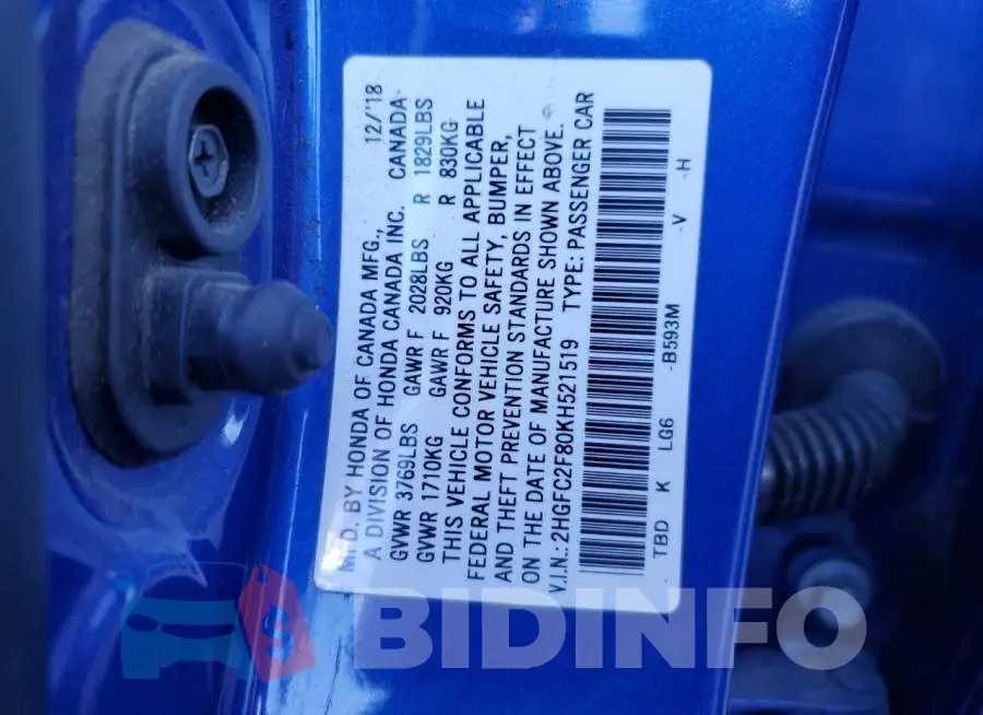 2HGFC2F80KH521519 Photo# 13