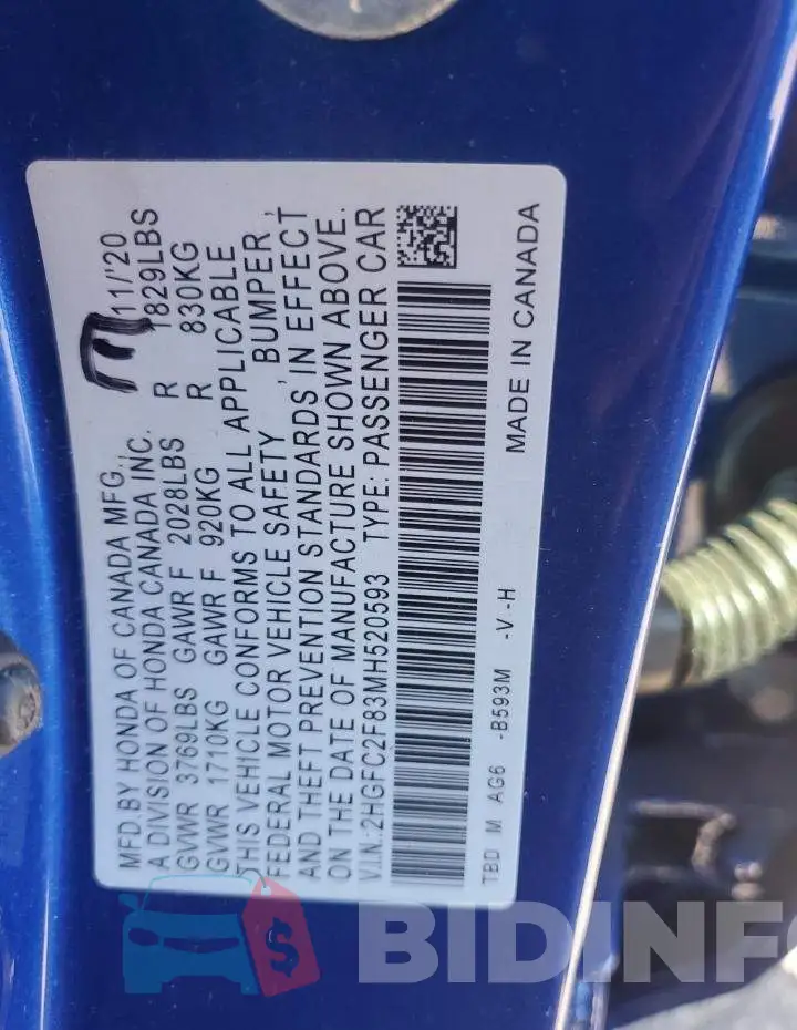 2HGFC2F83MH520593 Photo# 12
