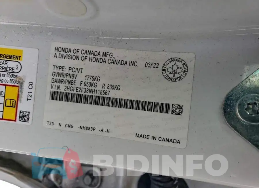 2HGFE2F38NH118567 Photo# 12