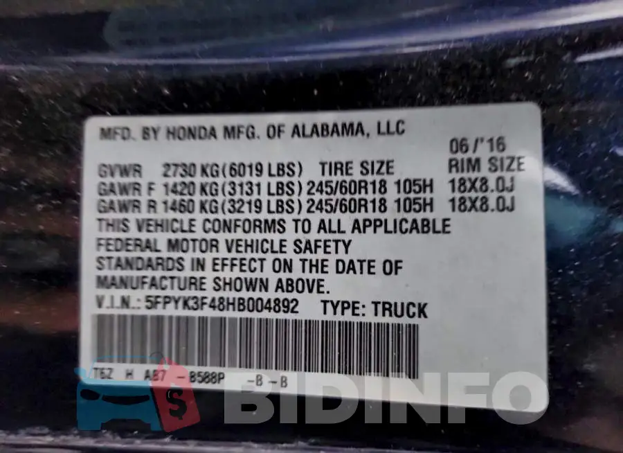 5FPYK3F48HB004892 Photo# 13