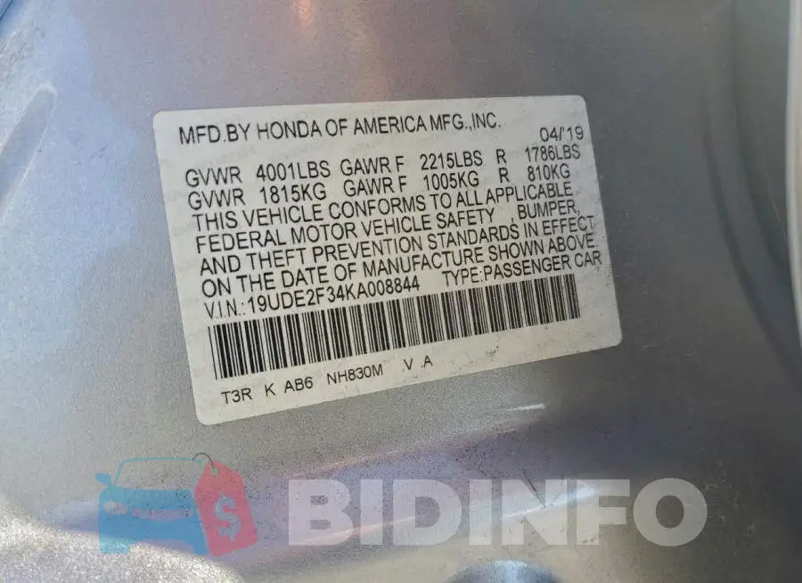 19UDE2F34KA008844 Photo# 13