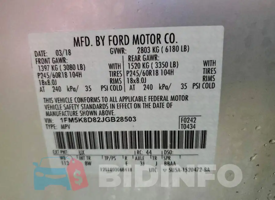 1FM5K8D82JGB28503 Photo# 13
