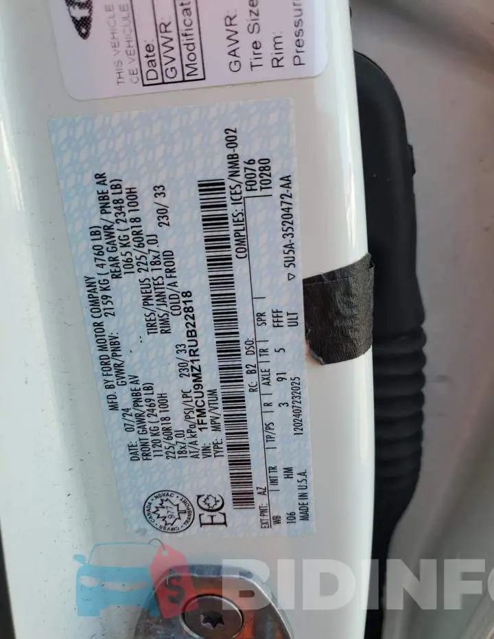 1FMCU9MZ1RUB22818 Photo# 12