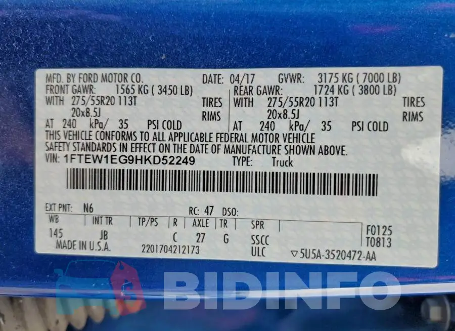 1FTEW1EG9HKD52249 Photo# 12