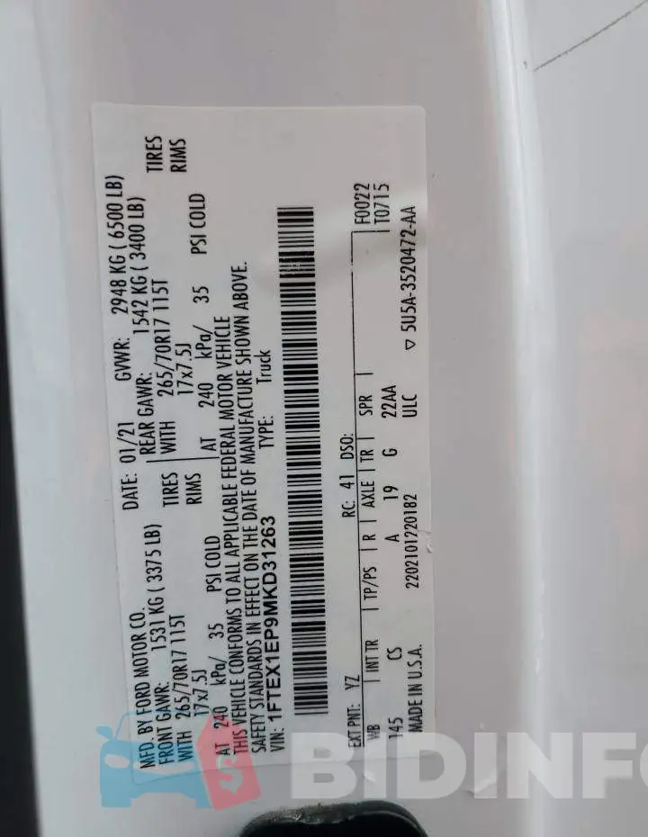 1FTEX1EP9MKD31263 Photo# 12
