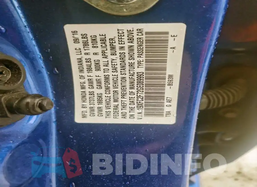 19XFC2F72GE089993 Photo# 12