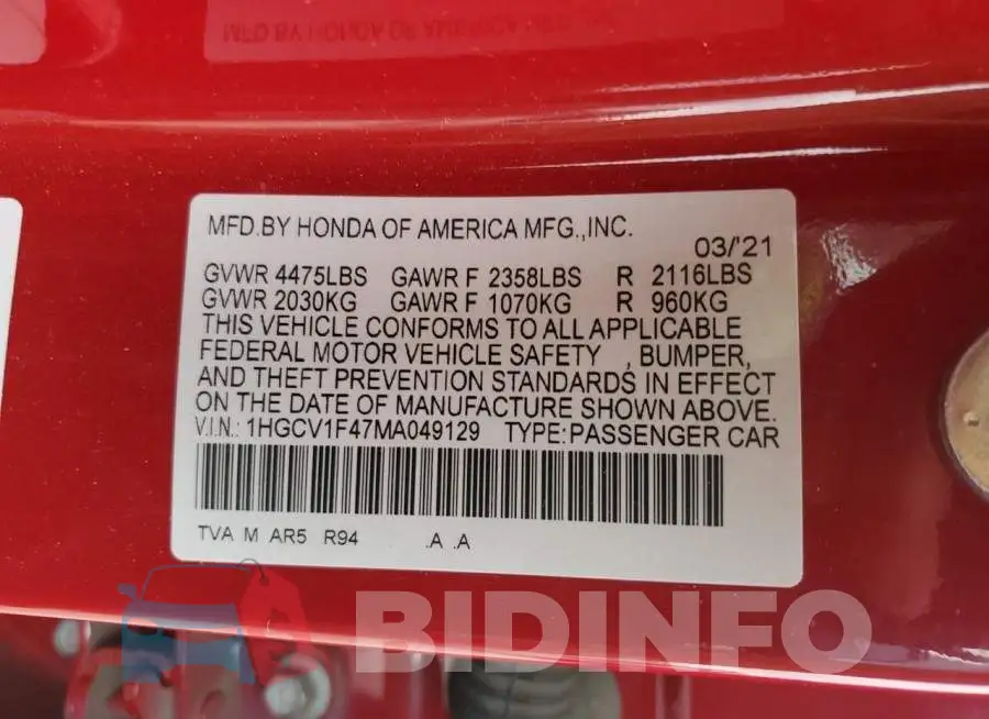 1HGCV1F47MA049129 Photo# 12