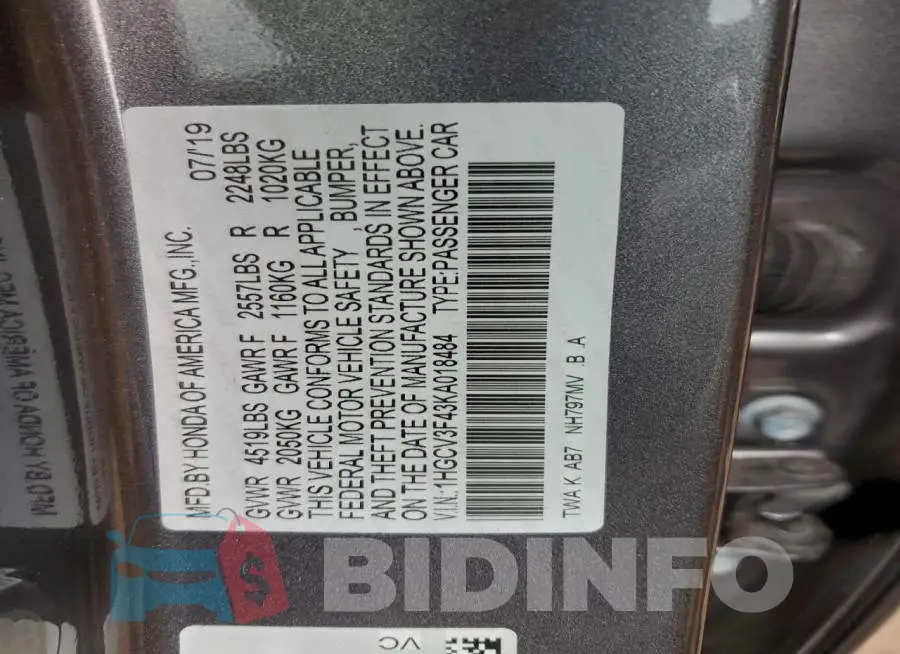 1HGCV3F43KA018484 Photo# 12