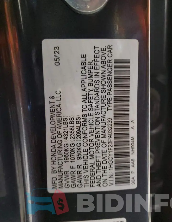 1HGCY1F23PA032239 Photo# 12