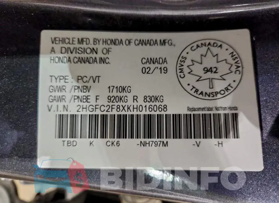 2HGFC2F8XKH016068 Photo# 12