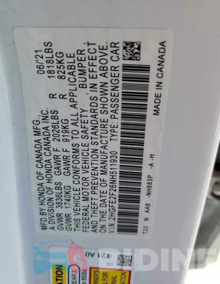 2HGFE2F26NH511930 Photo# 12