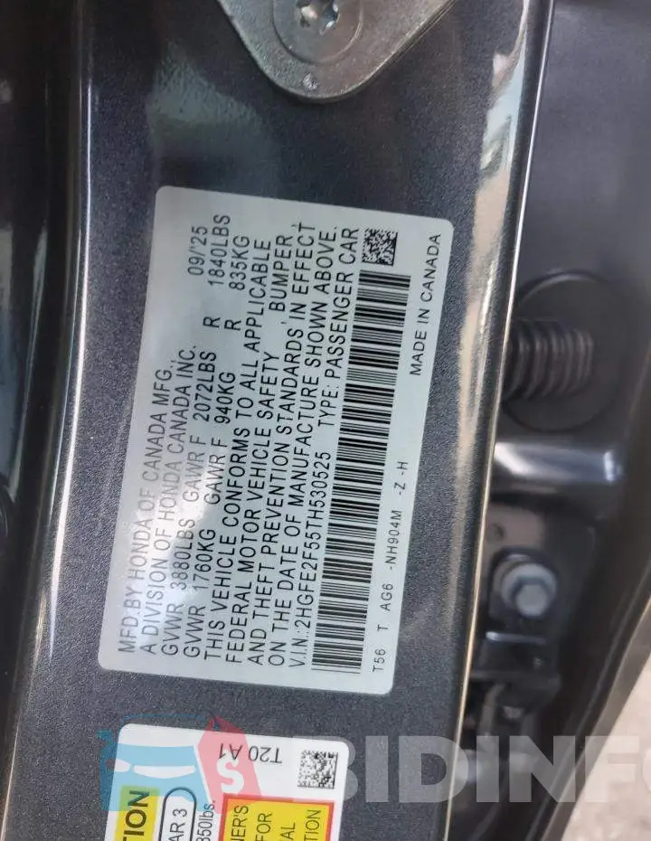 2HGFE2F55TH530525 Photo# 12