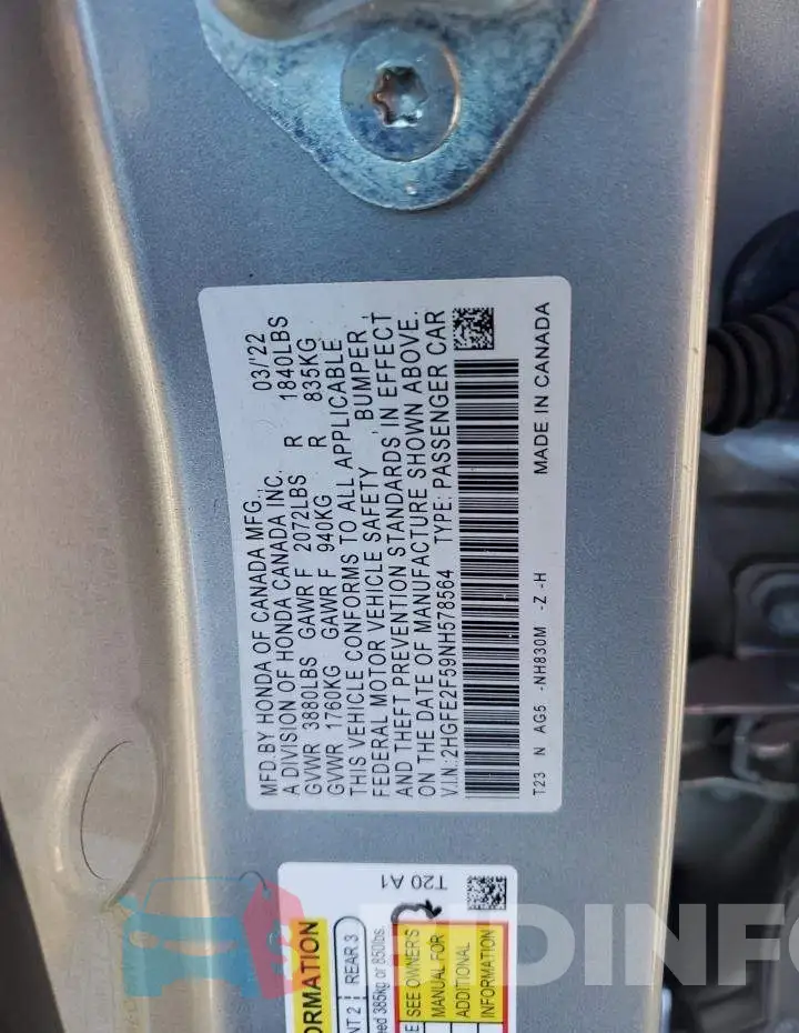 2HGFE2F59NH578564 Photo# 12
