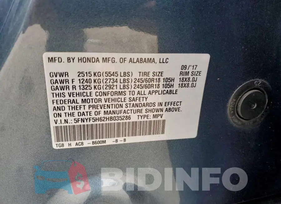 5FNYF5H62HB035286 Photo# 13