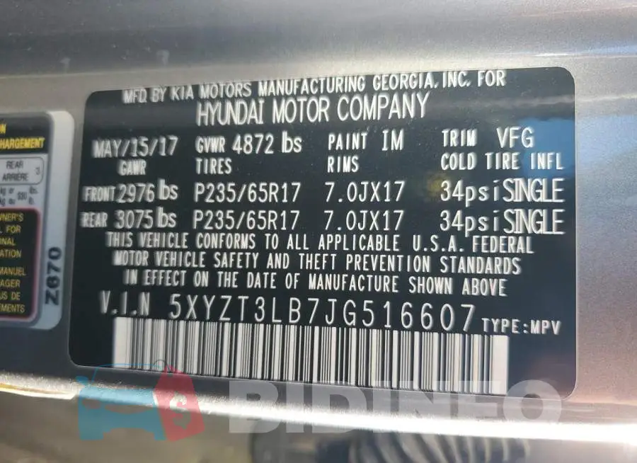 5XYZT3LB7JG516607 Photo# 13