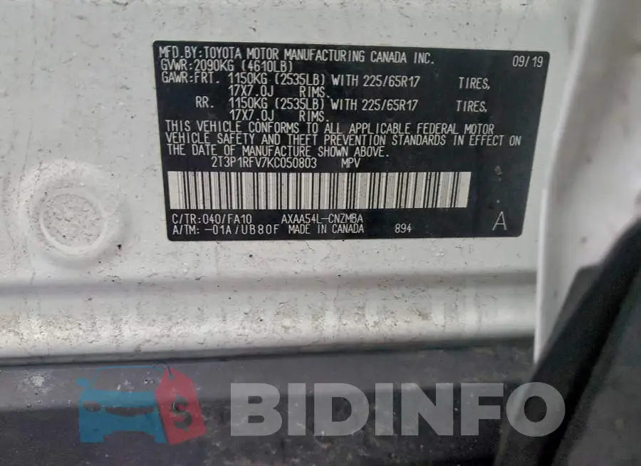 2T3P1RFV7KC050803 Photo# 13