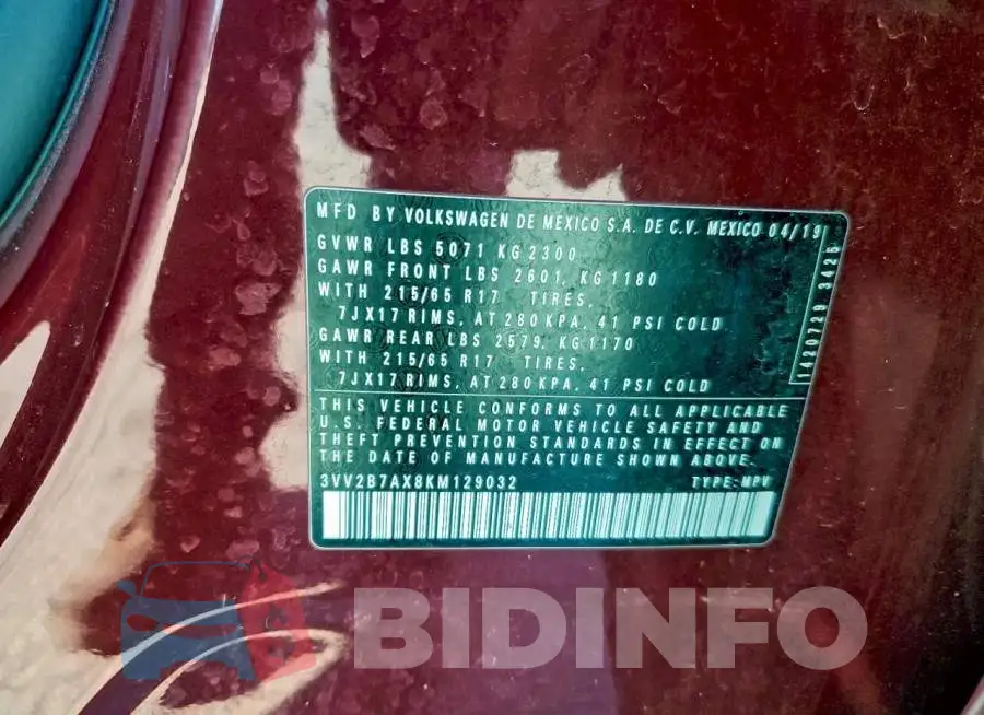 3VV2B7AX8KM129032 Photo# 13