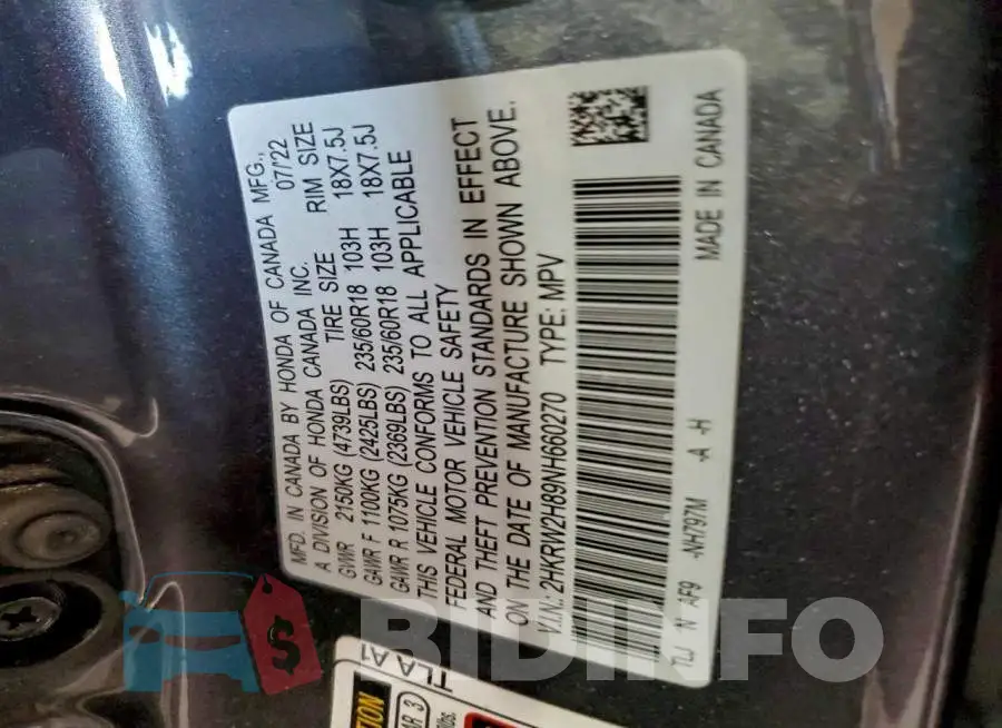 2HKRW2H89NH660270 Photo# 14