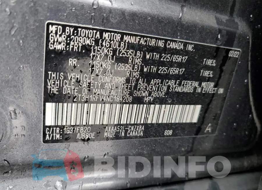 2T3H1RFV4NC184208 Photo# 13