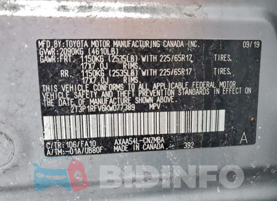 2T3P1RFV6KW077389 Photo# 13