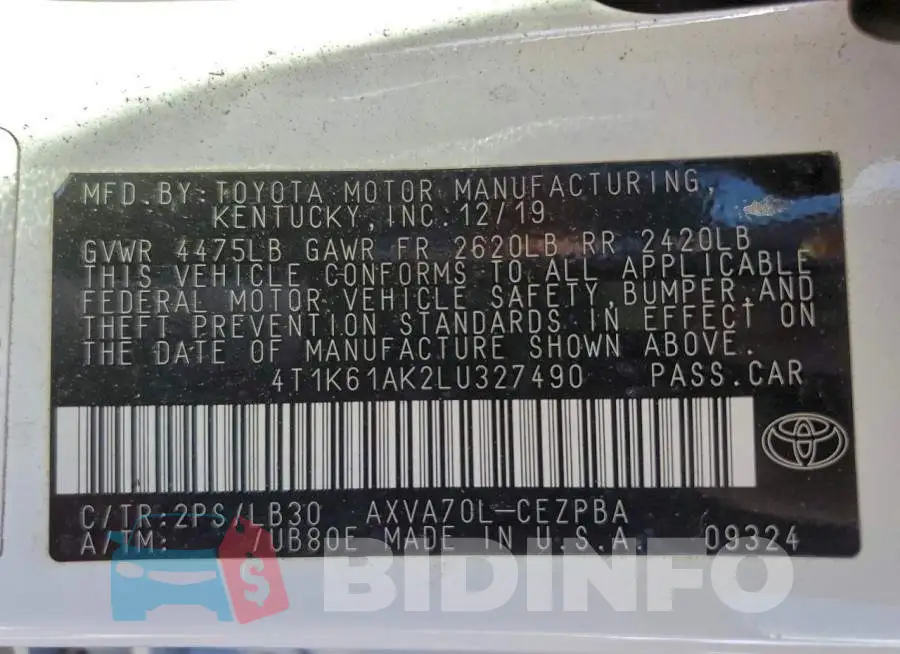 4T1K61AK2LU327490 Photo# 12