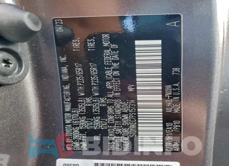 5TDYRKEC7PS157314 Photo# 14