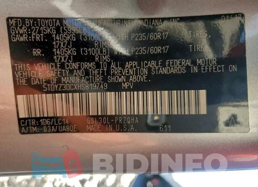 5TDYZ3DCXHS819749 Photo# 14