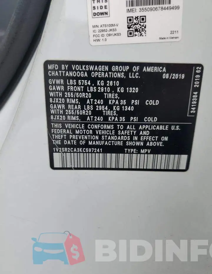1V2SR2CA3KC597241 Photo# 14